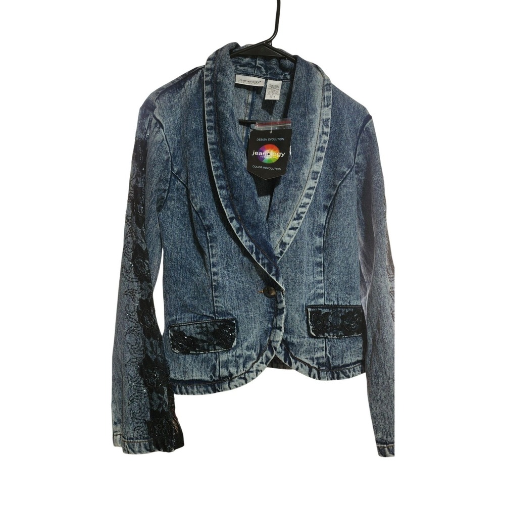 Jeanology 80s Glam Rock Whimsigoth Acid Wash Lace Beaded Blazer Size 8 Womens